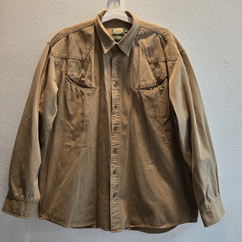 Cabela's Smile Pocket Tan Casual Button‎ Down Shirt Xl Tall Longsleeve Gorpcore